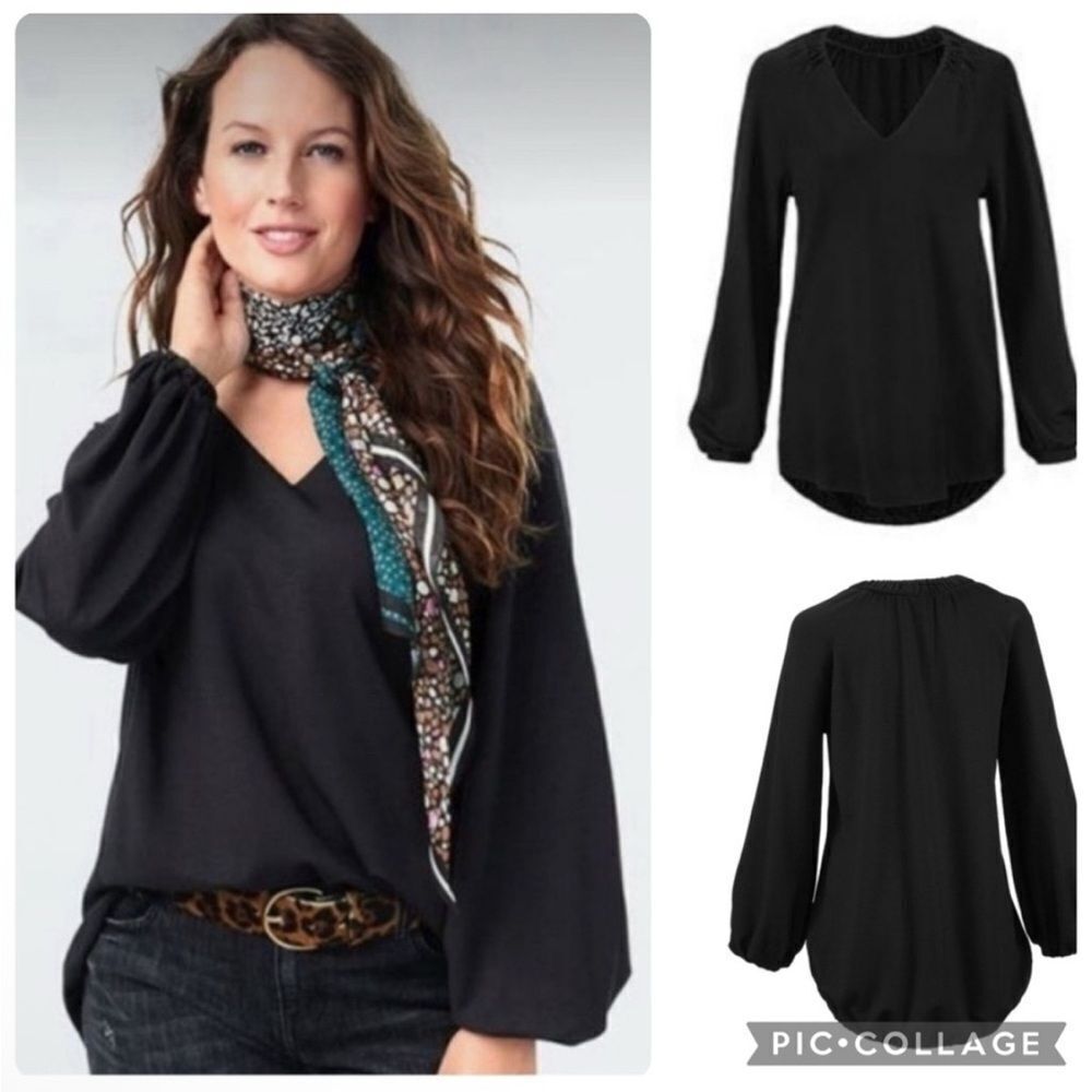 CABI SwankyBlack Long Puff Sleeve V-Neck Tunic/Top Women’s Size M 3802